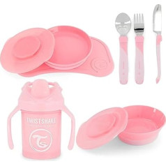 Twistshake Baby Crockery Set - 4 Pieces | 1 x Baby Placemat - 1 Baby Plate - 1 Baby Bowl - 3 Stainless Steel Cutlery - 1 Drinking Cup | 6 Months + Baby Crockery Set | Crockery for Baby Weaning | Light