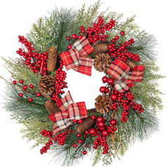 20 Inches / 50 cm Christmas Wreath Door Wreath Berry Wreath with Decorative Pine Cones, Red Berries and Bow for Front Door, House Wall Hanging or Christmas Tree Decoration Door Sign Decoration