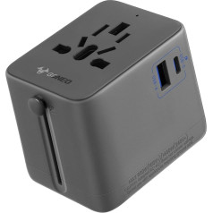 GONEO Travel Adapter Worldwide 20W Universal Plug No Fuse Required with 2 USB 1 Type A 1 AC Socket International Socket Adapter for EU UK US AU Automatic Reset Dark Grey