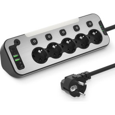 Multiple Socket with Switch, 5-Way Power Strip, Individually Switchable and LED Night Light, Table Socket, Stainless Steel Front Plate, Corner Socket for Kitchen, Power Strip, Surge Protection, 2 m