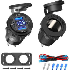 (4-USB) Aluminium 12 V USB C Socket 78 W 4-Port Car Charger, Dual PD 30 W and Dual QC 18 W Car USB Socket 12 Volt Installation Cigarette Lighter Plug with Voltmeter Suitable for Boat Truck Motorcycle