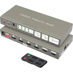 HDMI Matrix Switcher 4 in 2 Out 4K60Hz Splitter with Optical and 3.5 mm AUX Audio Output Support EDID HDCP2.2 18G HDR10 ARC