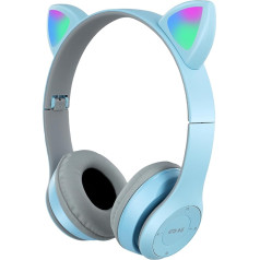 QCXWCJWD Bluetooth Headphones for Kids with Microphone Bluetooth Headphones for Girls Wireless Headphones with Cat Ear Foldable for Kids for School Travel (Blue, White)