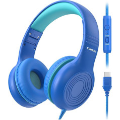 KONNAO Upgrade USB Type C Kids Headphones, Wired Headphones for Kids with Microphone for Boys and Girls, Adjustable Volume of 85dB/94dB (Navy/Blue)