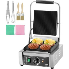 VEVOR Commercial Panini Grill, 1.8KW Electric Sandwich Panini Maker, Stainless Steel Sandwich Press Grill, Panini Grill with Temperature Control & 23 x 23 cm Full Fluted Enamel Plate