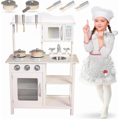 RICOKIDS Wooden Toy Kitchen, Children's Kitchen with Sink, Stove, Dining Nook, Many Accessories, MDF Board, White/Brown, 92 x 82.5 x 30 cm, Elegant Kitchen Accessories Made of Stainless Steel (Not