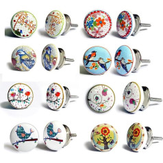 Set of 8 Assorted Birds Ceramic Knobs Hand Painted Handmade Handles for Cupboards, Drawers, Dressers and Hangers Classic Knobs 40mm Diameter