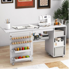 GIANTEX Folding Sewing Table, Sewing Cabinet on Wheels, Sewing Machine Table for Sewing Machine, Sewing Machine Cabinet with Shelves & 18 Thread Roll Holders, Multi-Purpose Table, Wood, 146 x 50 x 78