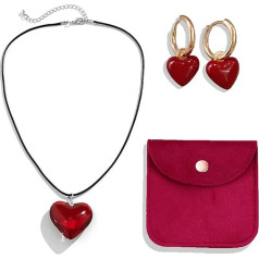 Red Heart Necklace with Red Heart Earrings and Velvet Bag Set, Red Glass Heart Pendant Heart Choker Necklace for Anniversary Birthday Valentine's Day Gift, plexiglass