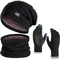 KIRAAT Winter Hat, Scarf and Touchscreen Gloves Set for Men and Women, Slouchy Knitted Ski Hat and Neck Warmer with Fleece Lining for Unisex