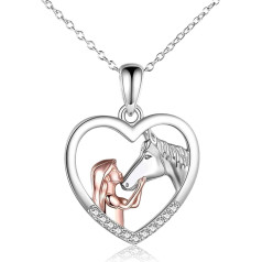AJUNLKVDR Girl's Necklace, Silver Heart Pendant, Horse and Girls Necklace, Horse Heart Necklace, for Girls, Girlfriend, Mother, Daughter (Alloy Material), Metal, No
