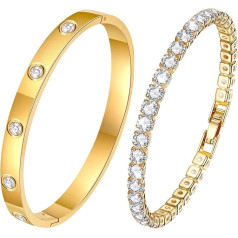 Women's Gold Bracelet, 2 Pieces, Titanium Steel Bracelet Set, 18 K Gold Stainless Steel Bracelet, Women's Jewellery, Silver Bangle, 17/18 cm Bangle for Ladies, Gift for Women, Friend