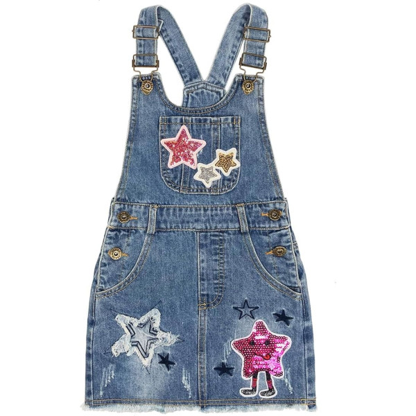 Peacolate 4-11 Years Girls Buckle Denim Dungaree Elastic Braces Star Patterns Jeans Embroidered Sequins Overalls Bib Skirt