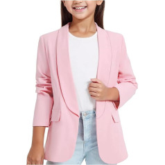 Girls Long Sleeve Shawl Collar Formal Suit Jacket Open Front Inner Pocket Kids Plaid Blouse Girls 152, pink