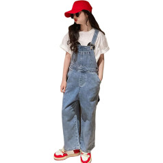 Runstarshow Girls Denim Dungarees Denim Jumpsuit Dungarees Wide Leg Jeans Adjustable Strap Baggy All in One Jumpsuit with Pockets Cute Playsuit for Girls Age 3-14