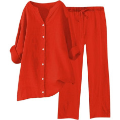 Womens Daily Casual Solid Long Sleeve Shirt Tops Pockets Pants Shirt Trousers Set Sportanzug