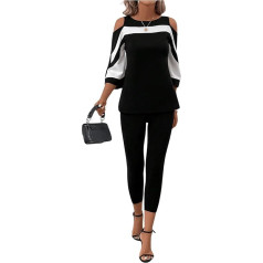 SweatyRocks Women's Two-Piece Leisure Suit Leggings and Off Shoulder T-Shirt Colour Block Trouser Suit Top and Trousers Set