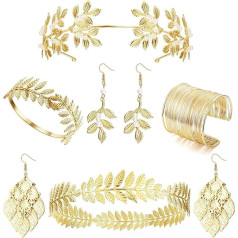 LOLIAS 6-Piece Greek Goddess Accessory Set Golden Bay Leaf Crown Headband Upper Arm Cuff Coil Bracelet Pearl Leaf Earring Bridal Wedding Headpiece Costume Jewellery, gold gemstone, Pearl