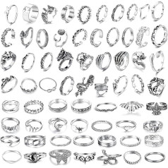 Vintage Punk Rings Set for Men Women, 66 Pieces Silver Snakes, Stackable Boho Chunky Emo Finger Rings, Knuckle for Girls, Composite alloys