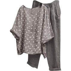 Muslin Blouse Women's Two-Piece Cotton Linen Set, Casual Loungewear, Crew Neck Quarter Sleeves, Summer Outfits Clothing, Polka Dot Leisure Suit for Women, Wide Leg Trousers, Sale Offers