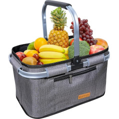 35L Shopping Basket, Large Picnic Basket with Padded Handles, Practical Foldable Basket, Shopping Bag with Aluminium Frame, Sturdy Basket, Perfect for Gifts, Travel, Picnic, Shopping