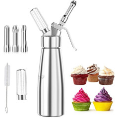 500 ml Stainless Steel Cream Dispenser, Cream Syphon with 3 Decorative Nozzles and 1 Cleaning Brush, Professional Cream Sprayer, Leak-Proof Cream Siphon for Whipped Cream, Sauces, Desserts, Cream,