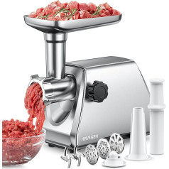 AIRMSEN 3-in-1 Electric Meat Grinder with Sausage Filler, 2 Stainless Steel Blades, 3 Grinding Plates & Cube Accessories, Quiet Industrial Motor for Household & Commerce, Quick & Easy to Clean (Small)