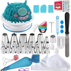 Cake Accessory Set, 195 Pieces with Cake Plate, Rotatable, 50 Piping Bags, 100 Paper Muffin Cases, 26 Piping Nozzles, 3 Cake Scrapers, 1 Cake Spatula