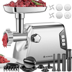 AAOBOSI #12 Meat Grinder, 3 Speed Electric Heavy Duty: 2 Blades, 4 Plates, 3 Sausage Fillers, Kibbe Kit, Meat Clip, Burger Press (Silver)