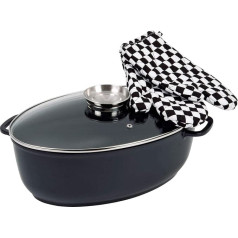 Karl Kruger Delta Aluguss Series Goosebread Oval with Aroma Knob and 1 Pair of Gloves Glass Lid Ovenproof, Metal, Black, 36 x 26 x 30 cm