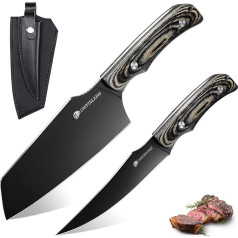 Knife Set of 2, Titanium-Coated Chopping Knife, Extremely Sharp Kitchen Knife with Leather Sheath, Boning Knife with Ergonomic Wooden Handle, Professional Chef's Knife for Kitchens Camping
