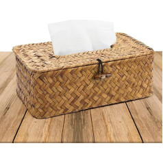 Rectangular Seagrass Tissue Box, Handwoven Cosmetic Tissue Boxes, Tissue Holder, Decorative Woven Paper Holder, Rattan Storage Basket with Lid for Dining Room, Car, Office, 23 x 13 x 9 cm