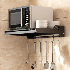 Microwave Shelf Wall for Kitchen, Wall Microwave Holder Shelf Stainless Steel, Black Microwave Holder with 6 Hooks, Adhesive Mounting or Drilling Mounting
