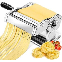 Manual Pasta Machine, Stainless Steel Pasta Maker with Two Widths, Stainless Steel Roller and Cutter with 7 Adjustable Thicknesses for Pasta, Spaghetti, Fettuccine, Lasagna