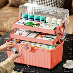 3 Layer Medicine Organiser, Portable First Aid Storage Box, Medicine Case, Craft Box with Handle, Empty Medical Storage Cabinet, Pink Family Emergency Kit, 32 x 18 x