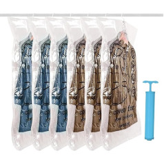 Hanging Vacuum Bags for Clothes, Pack of 6, 110 x 70 cm Vacuum Bags with Hand Pump, Space Saving Wardrobe Organiser, Vacuum Bags for Seasonal Clothing, Dresses, Suits, Coats, Jackets