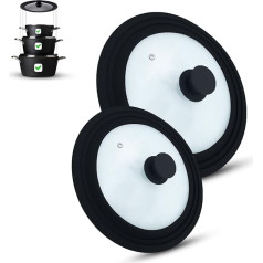 M.S.N Set of 2 Universal Glass Lids, 2-Piece Pots and Pans 16/18/20 cm & 24/26/28 cm, with Outlet Valve and Silicone Rim (Black, 16/18/20-24/26/28 cm)