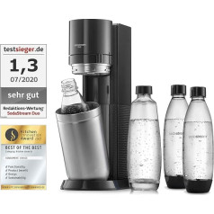 SodaStream DUO Water Carbonator without CO2 Cylinder, 1 x 1 Litre Glass Bottle and 3 x 1 Litre Dishwasher Safe Plastic Bottle, Height: 44 cm, Colour: Titanium