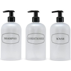 Bottiful Home - 16oz Frosted Shampoo, Conditioner, Wash Shower, Soap Dispenser, 3 Refillable Empty PET Plastic Pump Bottles, Shower Container, Printed Design, Clog Free, Drip Free