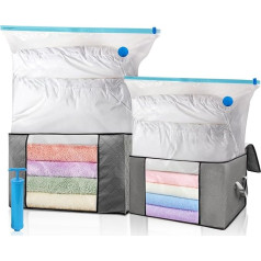 Pack of 2 Storage Bags, 2 Vacuum Bags for Clothes, 1 Hand Pump, Clothes Storage, Moving Boxes, Wardrobe Organiser, Foldable, for Clothes, Duvets and Bed Linen