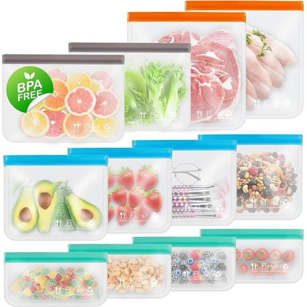 Reusable Freezer Bags, Extra-Thick Leakproof Gallon Vegetable Snack Sandwich Bags, BPA Free Silicone Bags for Food Storage, Travel, Home Organisation (12 Pack - 2 Extra Large, 2 Large, 4 Medium, 4
