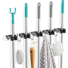 Broom Holder Wall Self-Adhesive Broom Holder with 5 Holders + 4 Hook Rack, Device Holder with Screw Mounting, Stainless Steel Garden Tool Holder for Kitchen, Bathroom, Garden, Garage
