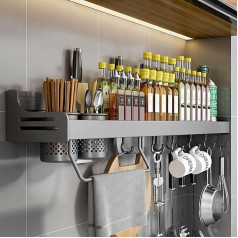 Spice Rack, Kitchen Shelf Wall without Drilling, Spice Rack Hanging with 10 Hooks and 2 Hanging Cups, Liftable, Kitchen Organiser Wall Shelf, Kitchen Utensil Holder, 70 cm, Grey