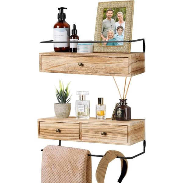 Wandregal aus Holz, Badezimmerregal mit Schubladen, ein Paar Regale (2 Stück), anwendbar für Schlafzimmer, Wohnzimmer, Küche, Pflanzen, Bücher (braun)