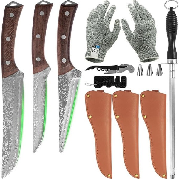 FULLHI Damascus Butcher Knife Set, Hand Forged Chef's Knife, Boning Knife with Sheath, High Carbon Steel, Carving Knife, Fish Knife, Chef's Knife for Kitchen, Camping, BBQ