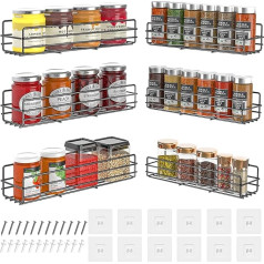 Spice Rack, Wall Shelf, 6 Pieces, Stainless Steel, No Drilling, Hanging Spice Rack, with Adhesive Tapes for Cabinet Door, Kitchen, Decoration, Worktop, Includes Mounting Tools
