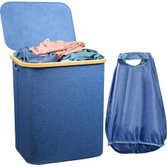 Laundry Basket with Lid, 80 L Laundry Hamper Narrow with Laundry Bag, Large Foldable Laundry Sorter, Wooden Bamboo Laundry Chest High Laundry Baskets