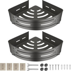 Shower Shelf Black - Corner Shower Shelf - Shower Shelf No Drilling Black - Shower Holder - Bathroom Organiser - with 4 Hooks, for Bathroom, Kitchen, Set of 2 (Grey)