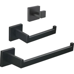 SHUNLI Black Towel Rail + Toilet Paper Holder + Hook, Bathroom Accessories 3 Piece Towel Holder Set, Wall Mount, Stainless Steel SUS304