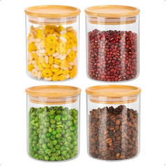 KYYLZ Storage Jars with Lids, Set of 4, 500 ml Storage Jars Glass with Wooden Lid, Glass Container, Airtight Food Container Made of Borosilicate Glass, Storage Jars Kitchen for Coffee, Spices, Grains